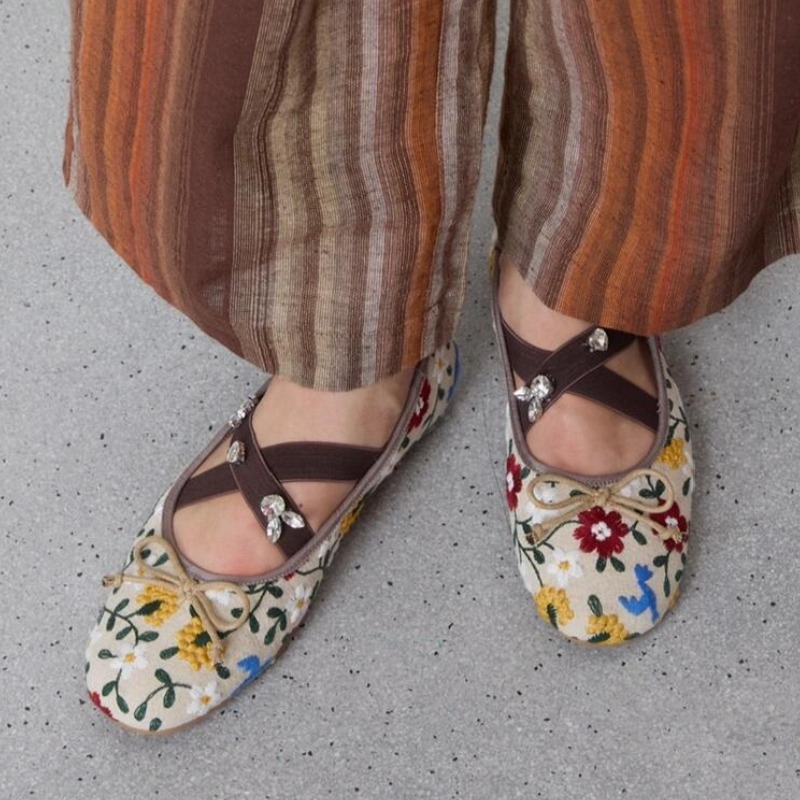 Ballet Flat Women - Embroidery Flower Ballet Flats Women Rhinestone