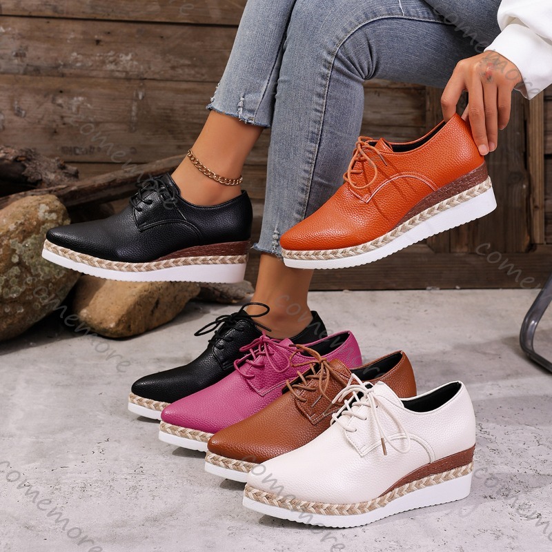 Espadrille Wedge Shoes - Leather Lace-Up Women's Wedge Oxford Shoes