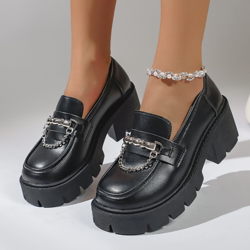 Women'S Shoes Loafers Black - 2026 Fashion Metal Chain Platform Loafers