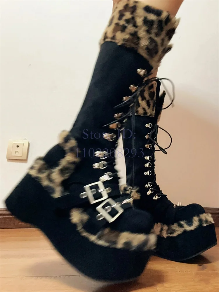 Women Shoes Size Chart - Leopard Fur Knee-high Boots Solid Round