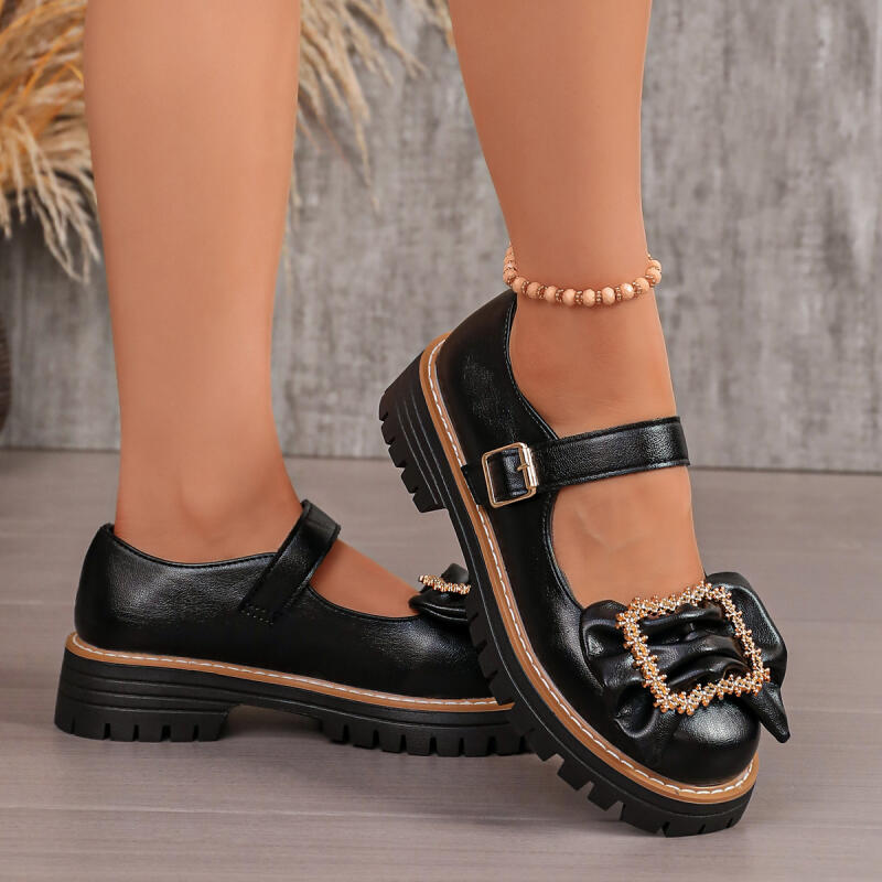 Women'S Shoes Loafers Black - Sweet Bowknot Decoration Thick Bottom Mary