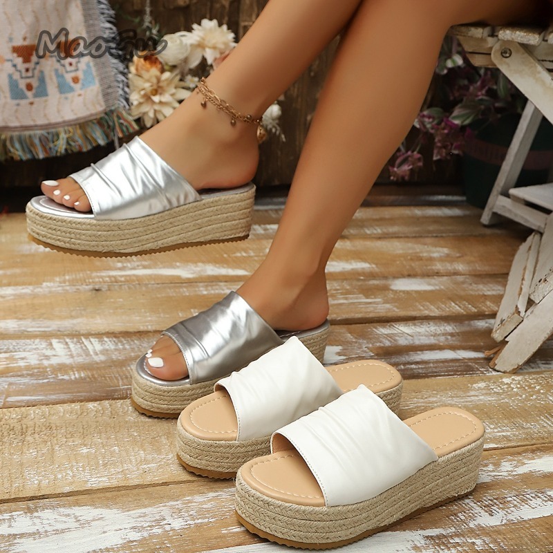 Espadrille Wedge Shoes - Women's Ruched Espadrille Wedge Slide Sandals