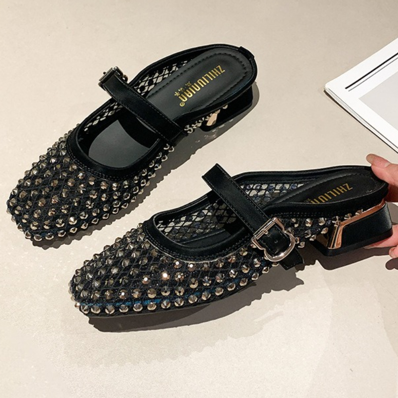 Mule Slip On - Mesh Rhinestone Chunky Heel Mules Slippers