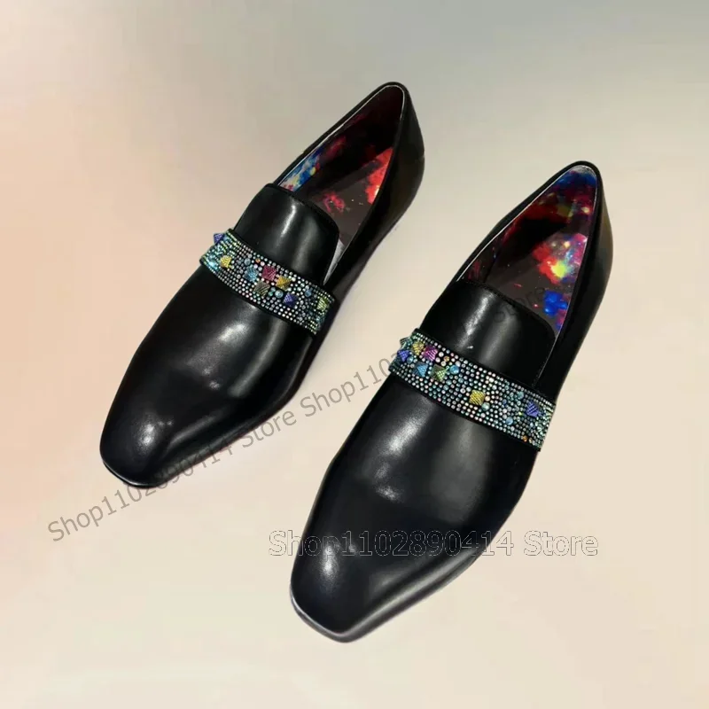 Women'S Shoes Loafers Black - Colorful Rhinestone Rivets Black Square Toe