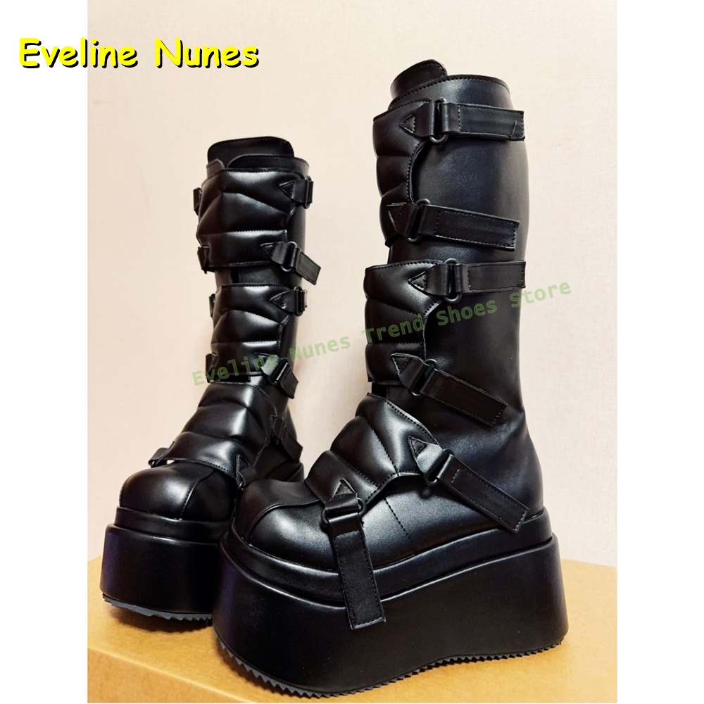 Women Shoes Size Chart - Black Buckle Cyberpunk Y2K Knee High