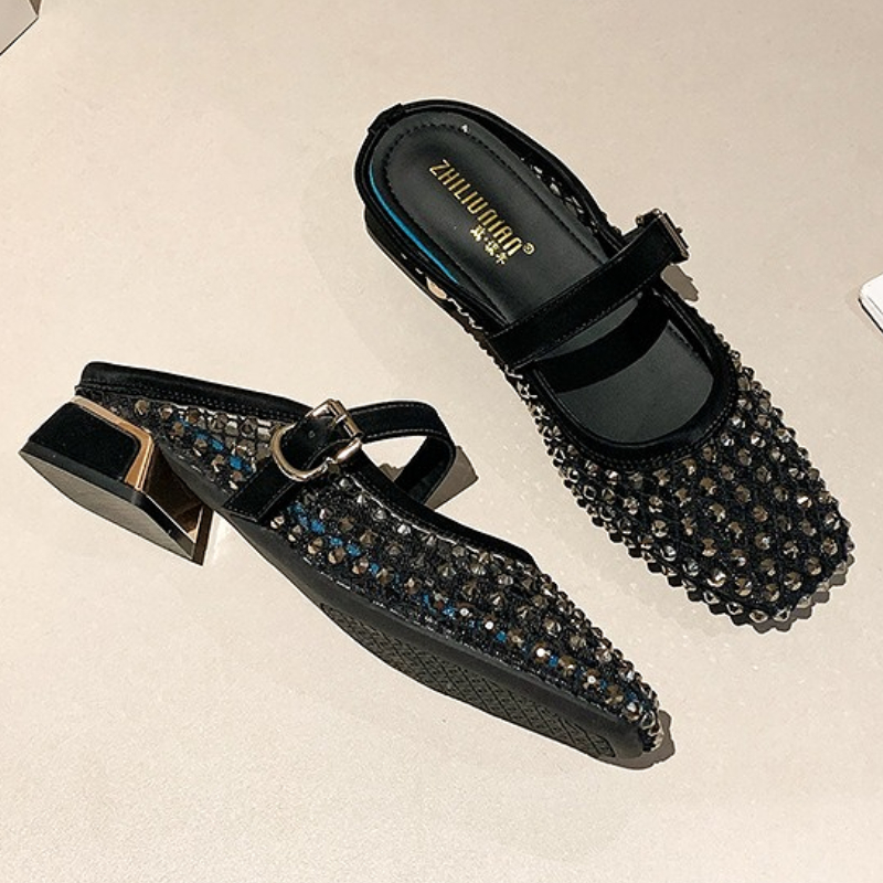 Mesh Rhinestone Chunky Heel Mu - đánh giá và giá Mule Slip On