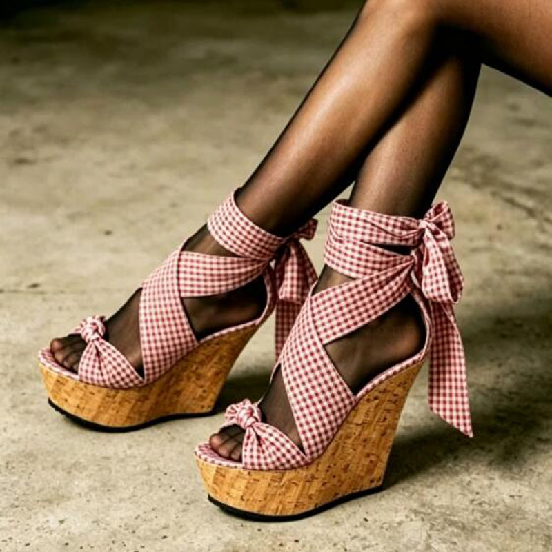 Sweet Pink White Plaid Silk We - đánh giá và giá Cork Wedge Sandal