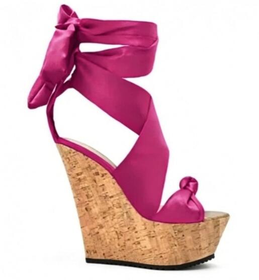 Sweet Pink White Plaid Silk We - đánh giá và giá Cork Wedge Sandal